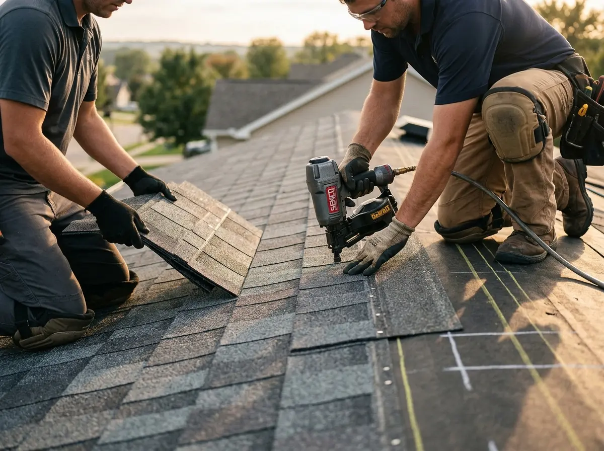 Professional roofer working on a residential roof in East Caln